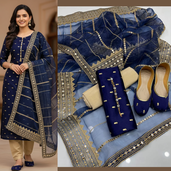 4Pc 9mm Mirror Full Heavy Embroidered Gift Pack with Shoes Free D-Nevy Blue