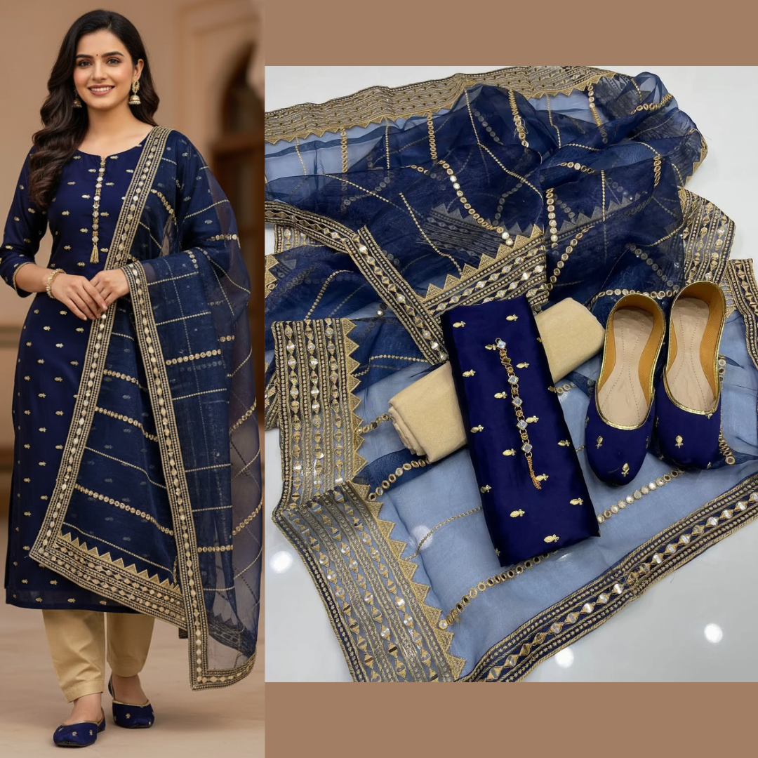 4pc Unstich Full Heavy Embroidered Nevy Blue