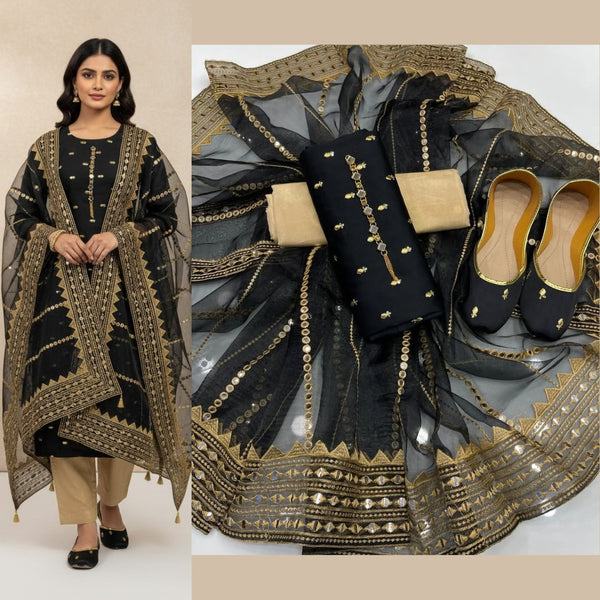 4Pc 9mm Mirror Full Heavy Embroidered Gift Pack with Shoes Free D-Black